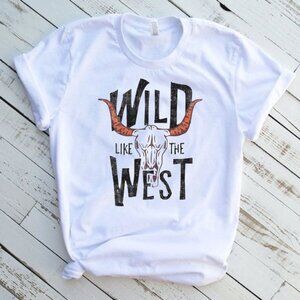 Wild West Bull Skull Western Tee Graphic Short Sleeve T-Shirt